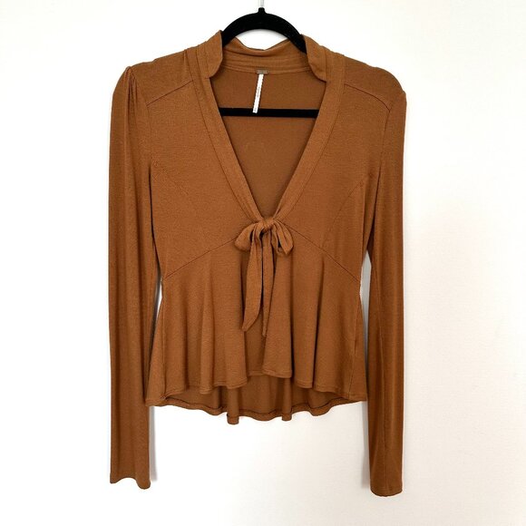 Free People Brown Long Sleeve Tie Top, Size XS - Picture 1 of 3